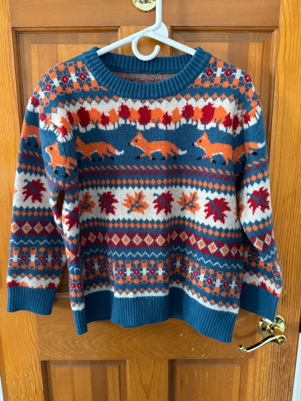 SHEIN Blue Fair Isle Fox Knit Sweater with Orange and Red Pattern